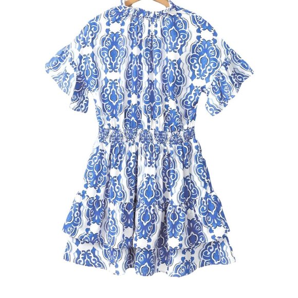 Entro Women’s Dusty Blue Floral Mini Dress Tie Neck Short Sleeve Size Large Boho - Picture 4 of 16